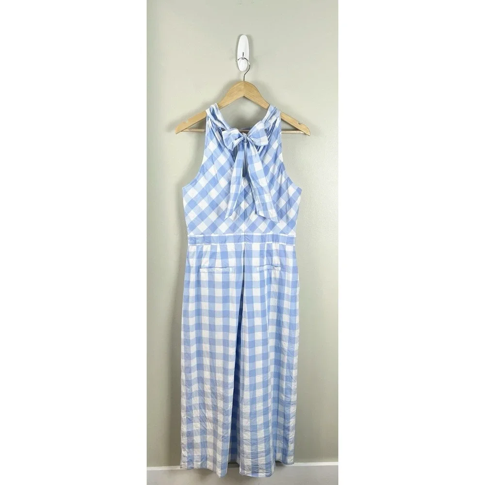 J Crew‎ Gingham Jumpsuit Sleeveless Sz 14 Pockets Cotton Lined Coastal Beach Bow
